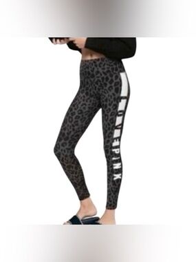 VS PINK YOGA LEGGINGS BLACK & GRAY SNOW LEOPARD CHEETAH COLORBLOCK LOGO NWOT XL